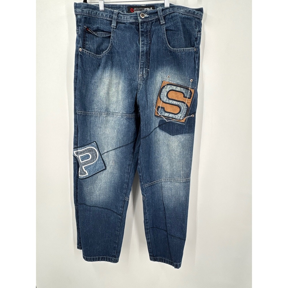 Southpole Authentic Collection Baggy Jeans Blue Denim Letter Patch Mens 38 Y2K